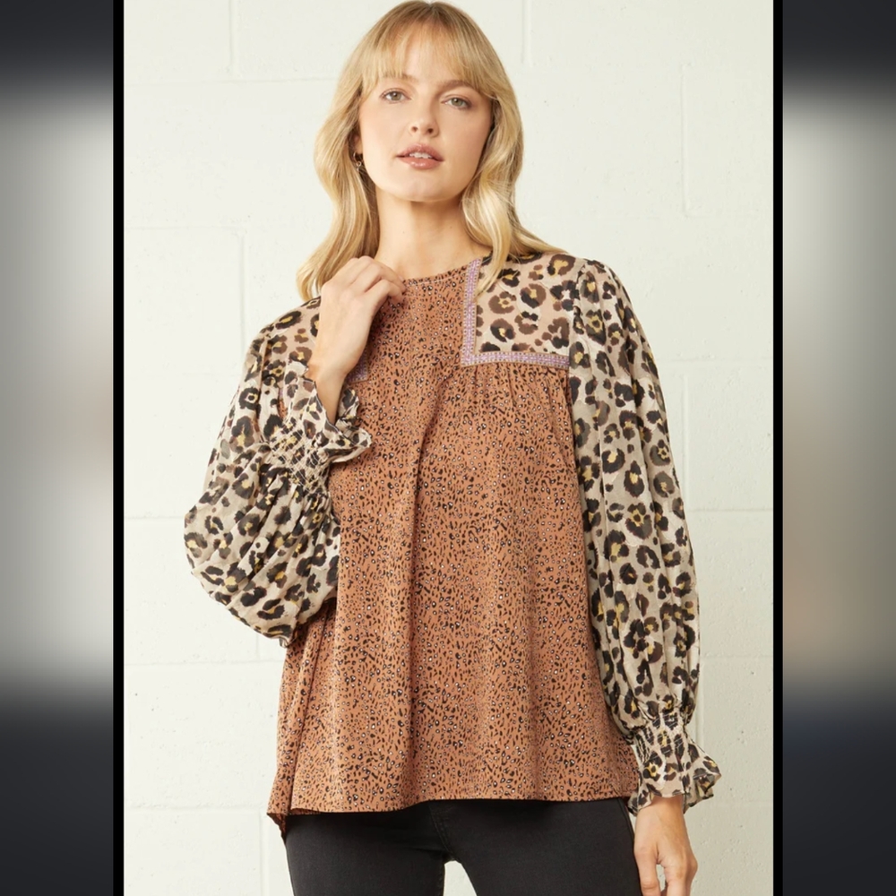 Entro Contrast Animal Cheetah Print Colorful Brown Blouse Size XL